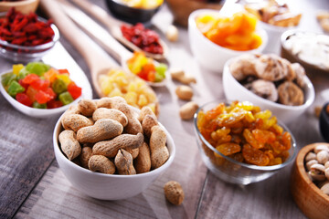 Composition with dried fruits and assorted nuts. Delicacies