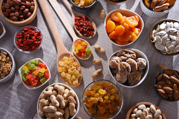 Composition with dried fruits and assorted nuts. Delicacies
