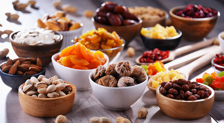 Composition with dried fruits and assorted nuts. Delicacies
