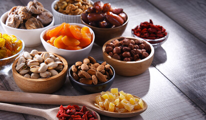 Composition with dried fruits and assorted nuts. Delicacies