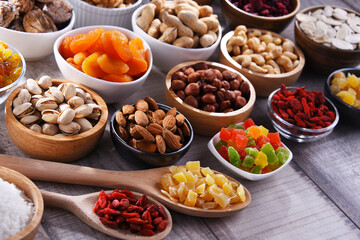 Composition with dried fruits and assorted nuts. Delicacies