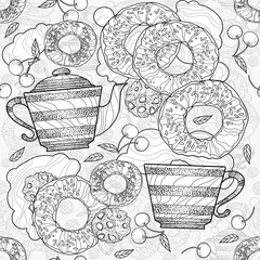 Seamless pattern with kawaii sweet food - donuts, cherries, and dishes on a striped background. Endless texture with cute cartoony sweets, desserts.llustration for printing on textiles, wallpaper.