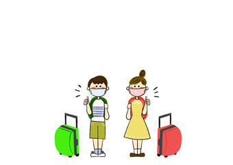マスクをつけてグッドポーズで旅行に行く男の子と女の子
