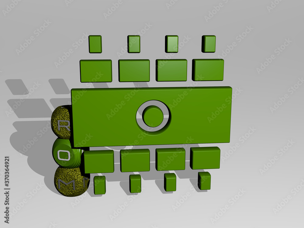 Fototapete 3D illustration of rom graphics and text around the icon made by metallic dice letters for the related meanings of the concept and presentations. computer and blue