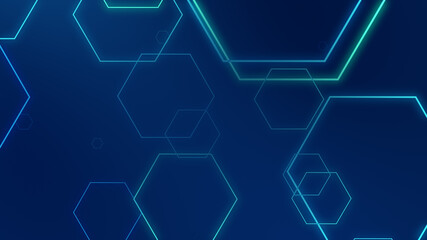 Hexagon geometric blue neon lights technology Hi-tech dark background. Abstract graphic digital future science concept design.