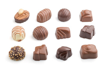 Different chocolate candies isolated on white background. side view.