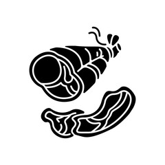 Parma ham black glyph icon. Roasted pork on bone. Smoked turkey. Sliced steak for picnic. National meat dish. Italian prosciutto. Silhouette symbol on white space. Vector isolated illustration