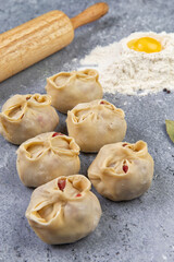 Raw manti on gray background. Selective focus, natural light.