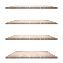 4 Wood shelves table isolated on white background and display montage for product.