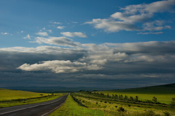 Russia. Republic Of Khakasia. Endless steppes among picturesque hilly mountains near the village of Shira.