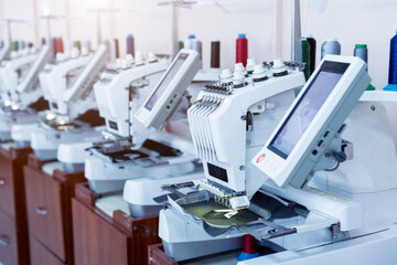 Fabric industry production line. Textile factory. Working tailoring process