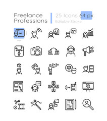 Freelancer linear icons set. Remote work professional. Social advertisement. Customizable thin line contour symbols. Isolated vector outline 64 x 64 px illustrations. Editable stroke