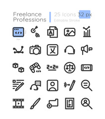 Freelance work linear icons set. Web developing. App programming. Marketing research. Customizable thin line contour symbols. Isolated vector outline 32 x 32 px illustrations. Editable stroke