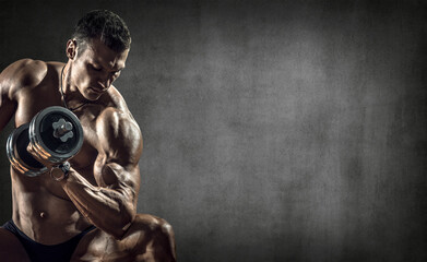 man bodybuilder, perform exercise with dumbbell