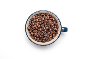 Cup and coffee beans, isolated on a white background. Full frame