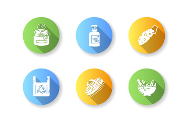 Eco friendly products flat design long shadow glyph icons set. Sustainable lifestyle, zero waste. Organic cosmetics, reusable bag and eco essentials Silhouette RGB color illustrations