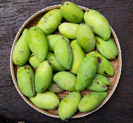 Green mangoes in a basket