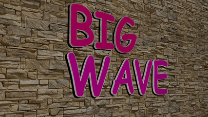 3D representation of BIG WAVE with icon on the wall and text arranged by metallic cubic letters on a mirror floor for concept meaning and slideshow presentation. background and illustration