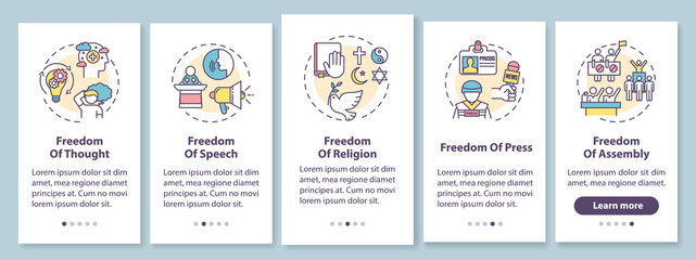 Basic human freedoms onboarding mobile app page screen with concepts. Fundamental human rights. Walkthrough 5 steps graphic instructions. UI vector template with RGB color illustrations