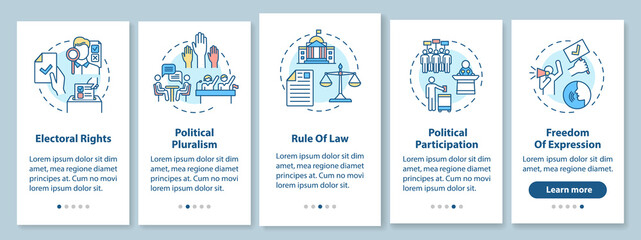 Political rights onboarding mobile app page screen with concepts. Rule of Law. Freedom of expression. Walkthrough 5 steps graphic instructions. UI vector template with RGB color illustrations