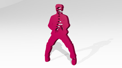MAN DANCING made by 3D illustration of a shiny metallic sculpture with the shadow on light background. dance and beautiful