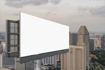 Blank white road billboard with Singapore cityscape background at sunset. Street advertising poster, mock up, 3D rendering. Side view. The concept of marketing communication to sell idea.