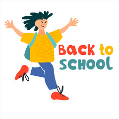 Back to School banner. Happy schoolboy vector illustration in flat style design and hand lettering