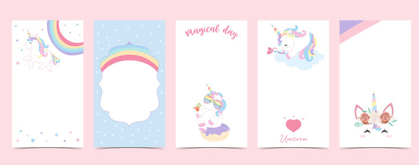 Cute background for social media.Set of instagram story with unicorn,star,rainbow,heart