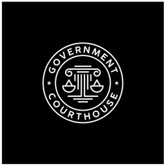 Libra Justice Scales Stamp and Greek Pillar Column Building for Court Courthouse Lawyer Attorney Government Judicial Law Office Emblem Badge Logo Design