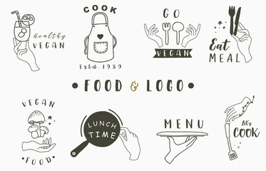 cook and kitchen logo collection with apron,pan,mushroom,pot,fork,knife.Vector illustration for icon,logo,sticker,printable and tattoo