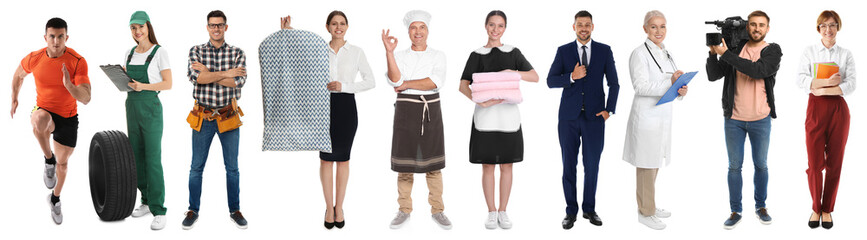 Collage with people of different professions on white background. Banner design