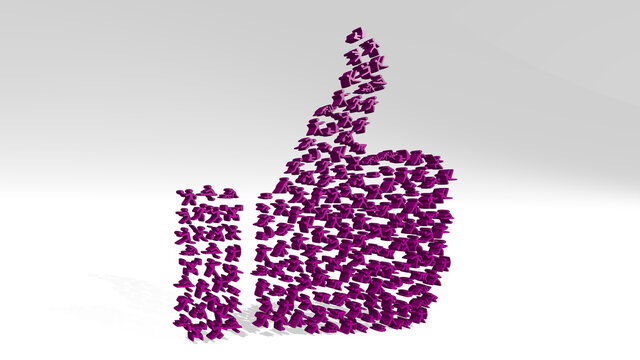 Like button by sport people made by 3D illustration of a shiny metallic sculpture with the shadow on light background. abstract and design