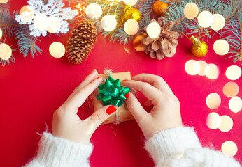 Christmas or New Year card. Christmas toy in a snowy background. Holiday banner.