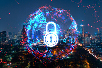 Glowing Padlock hologram, night panoramic city view of Bangkok, Asia. The concept of cyber security to protect companies. Double exposure.