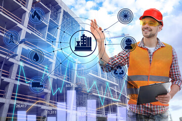 Multiple exposure of male engineer, scheme and unfinished building