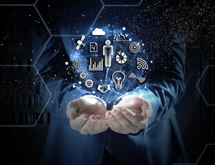 Mission and business concept. Man demonstrating icons, closeup