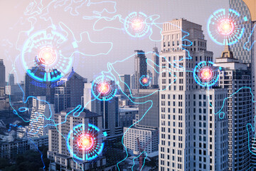 Glowing hologram of Earth planet map on aerial panoramic cityscape of Bangkok at sunset, Asia. The concept of international business. Multi Exposure.