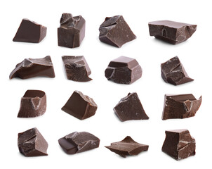 Set with pieces of delicious dark chocolate on white background