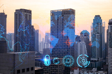 Obraz premium Glowing hologram of Earth planet map on aerial panoramic cityscape of Bangkok at sunset, Asia. The concept of international business. Multi Exposure.
