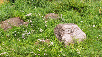 Element of landscape design, rockery in the yard - large natural boulders in the grass