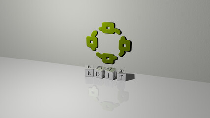 3D graphical image of EDIT vertically along with text built by metallic cubic letters from the top perspective, excellent for the concept presentation and slideshows. icon and easily