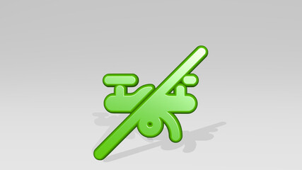 drone off made by 3D illustration of a shiny metallic sculpture with the shadow on light background. aerial and view