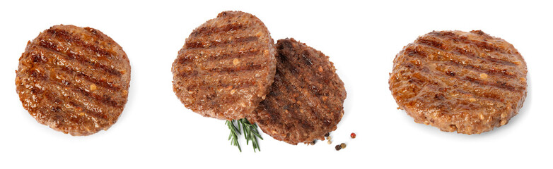 Set with delicious grilled meat on white background, banner design