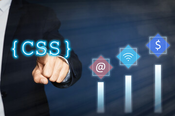 Web development. Man using button CSS on virtual screen, closeup