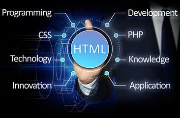 Web development. Man near virtual screen with scheme, closeup