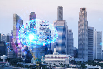 Brain hologram over panorama city view of Singapore, the largest science hub in Asia. The concept...