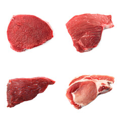 Set with raw meat on white background, top view