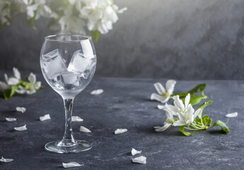 Empty wine glass with ice cubes on a dark background, with apple tree flowers. Copy space for text, low key
