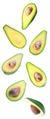 Fresh ripe avocados falling on white background