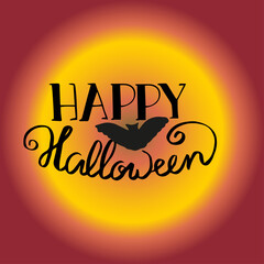 Hand written lettering Happy Halloween with bat in gradient color background